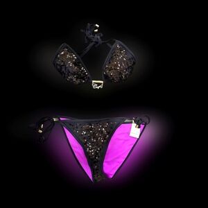 Vintage Coogi Two Piece Black & Purple Sequined Bathing Suit New with Tags